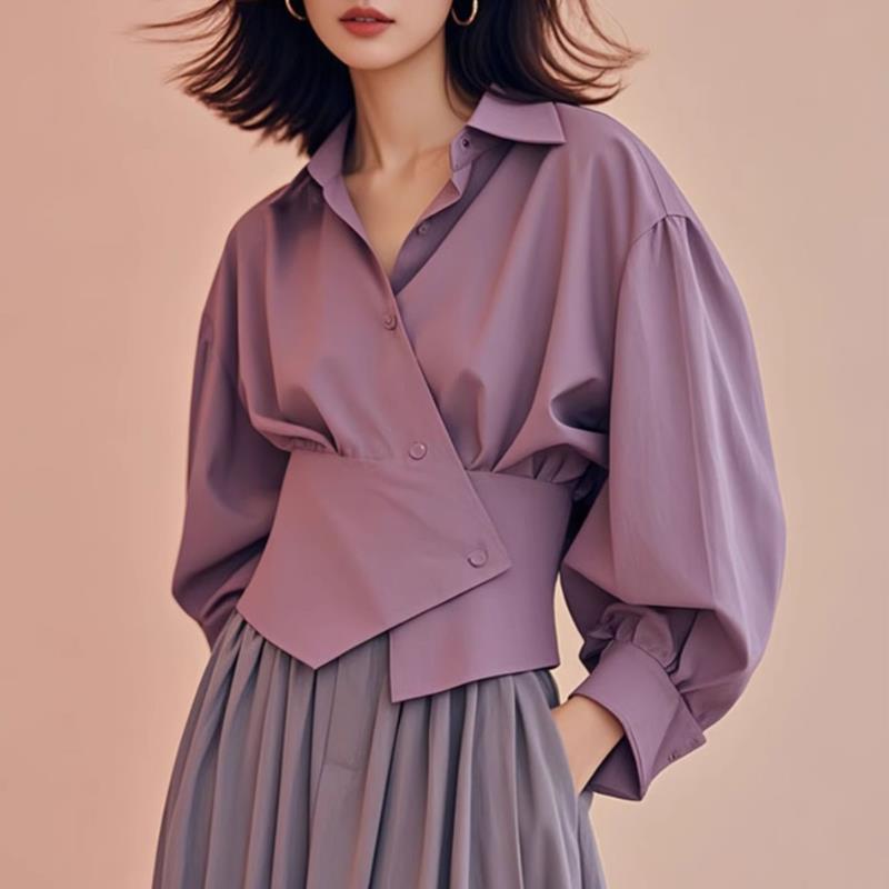 法式淡顏係香芋紫色收腰燈籠袖襯衫