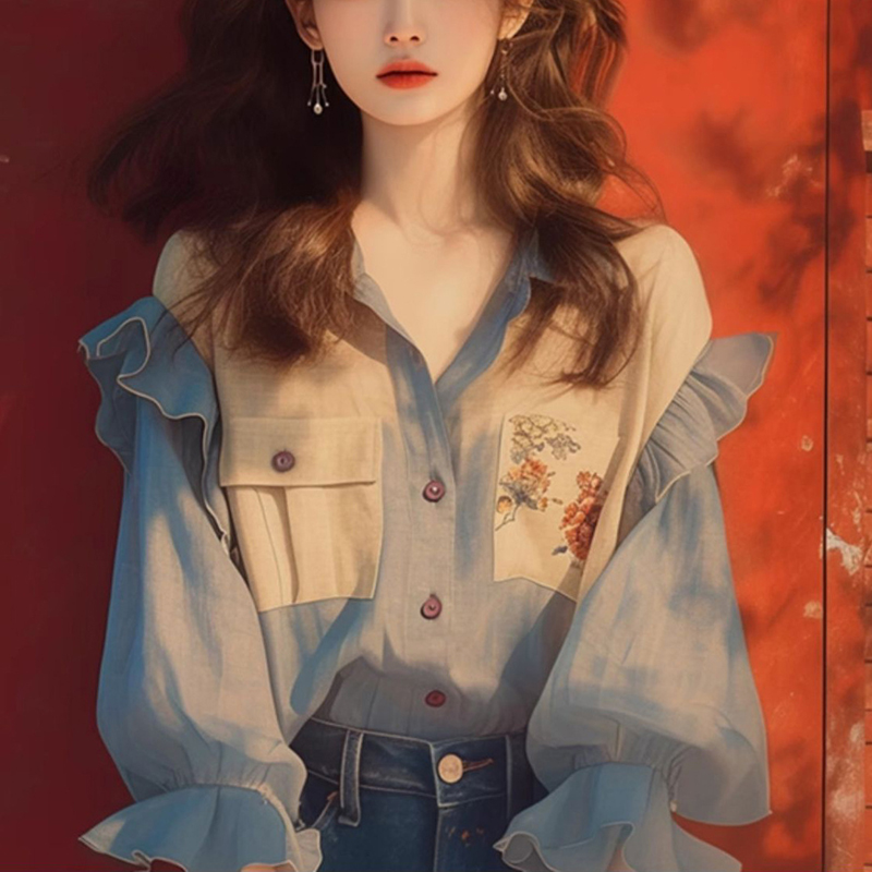 韓系減齡藍色荷葉邊雪紡襯衫