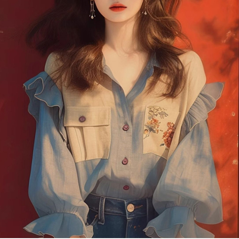 韓系減齡藍色荷葉邊雪紡襯衫