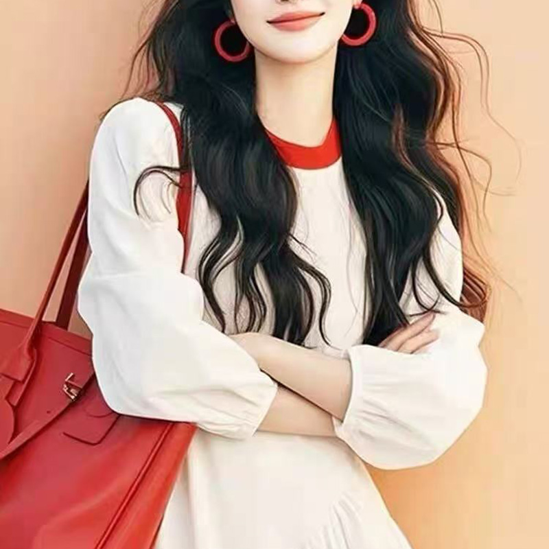 富家千金高級感白色拼接不規則下擺連衣裙