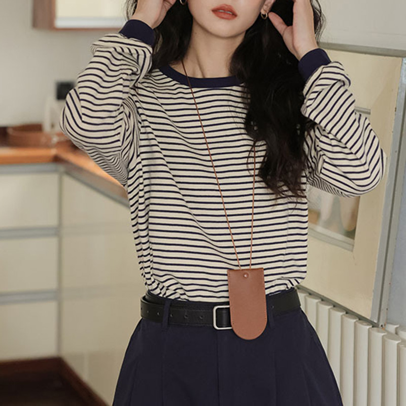日系文藝學院風寬鬆圓領條紋百搭套頭衛衣