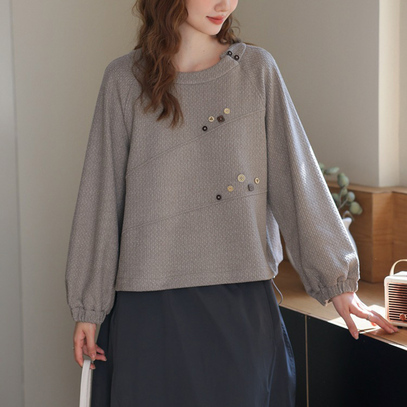 日系復古大版圓領紐扣設計收腰抽繩衛衣