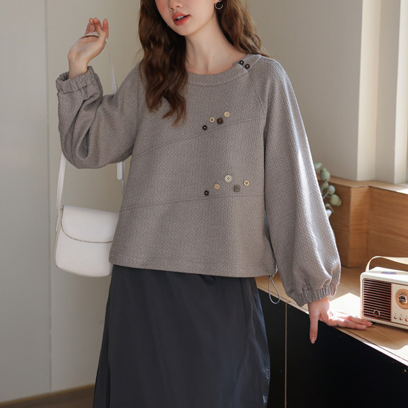 日系復古大版圓領紐扣設計收腰抽繩衛衣