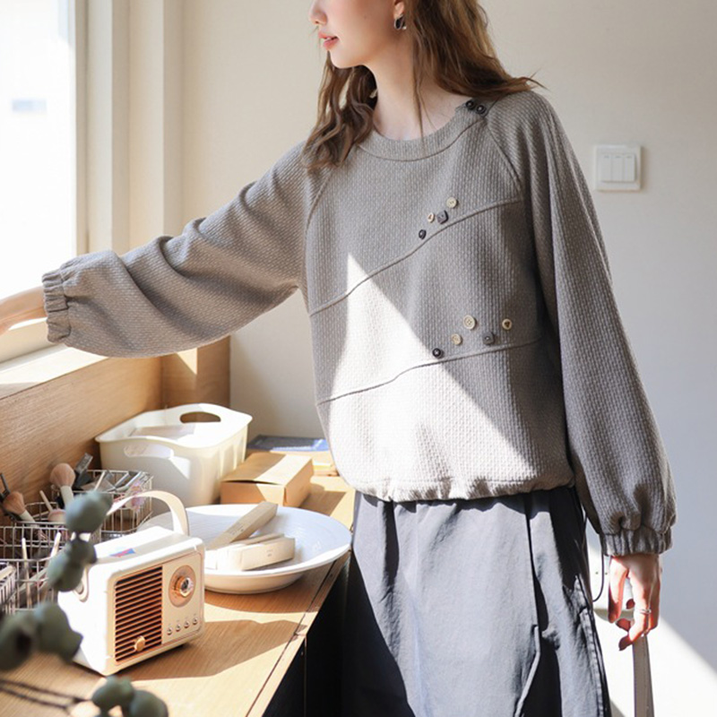 日系復古大版圓領紐扣設計收腰抽繩衛衣