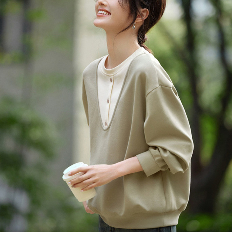 春季設計感簡約撞色假兩件衛衣