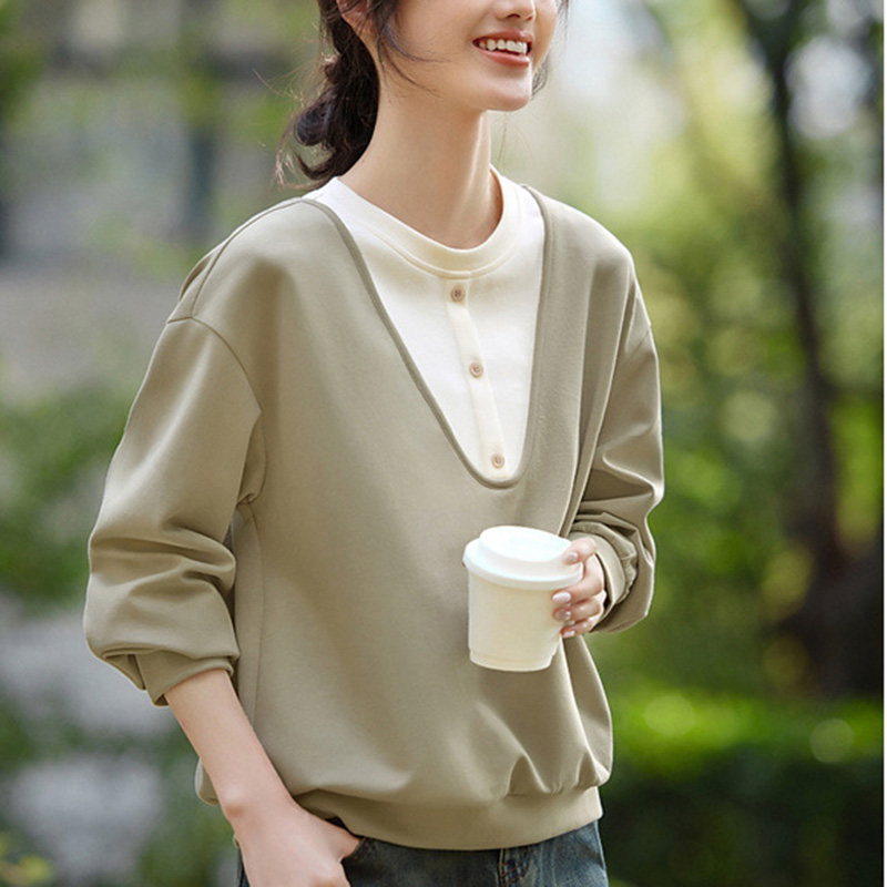 春季設計感簡約撞色假兩件衛衣