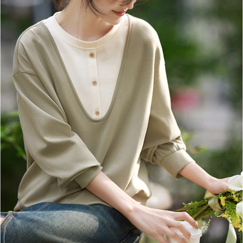 春季設計感簡約撞色假兩件衛衣