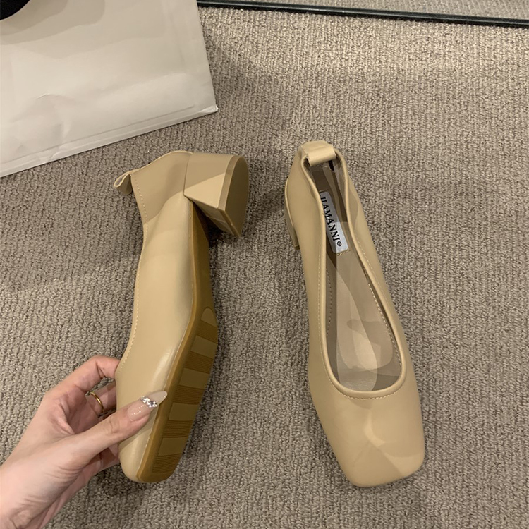 春夏新款簡約通勤百搭方頭淺口粗跟氣質單鞋