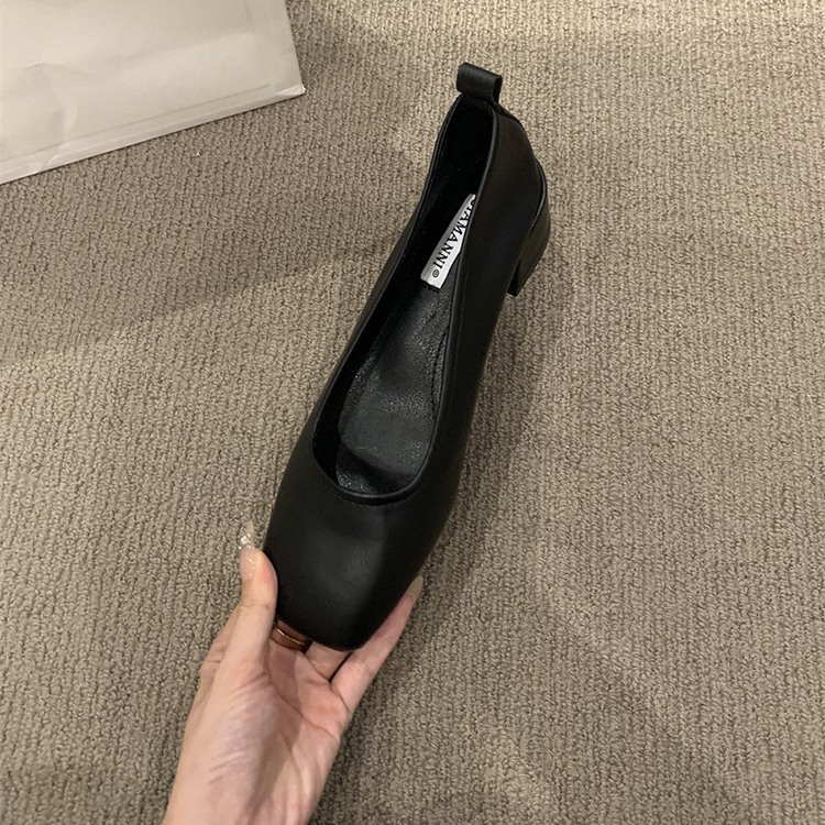 春夏新款簡約通勤百搭方頭淺口粗跟氣質單鞋