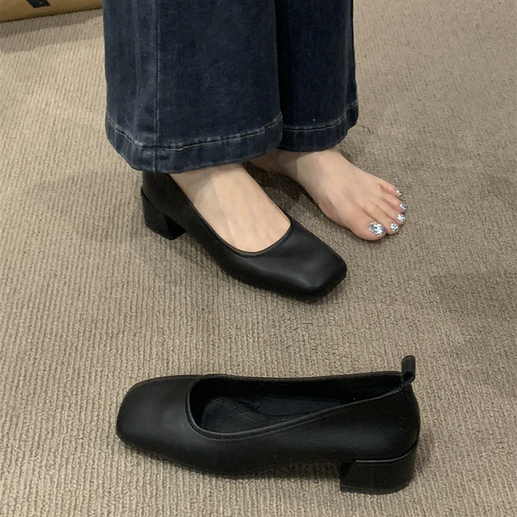 春夏新款簡約通勤百搭方頭淺口粗跟氣質單鞋