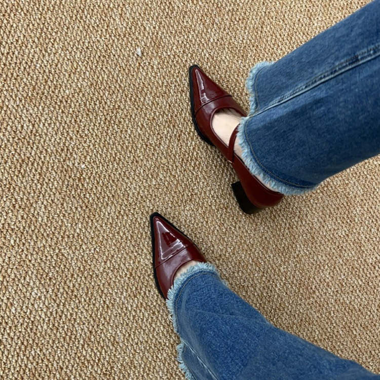 法式黑色粗跟瑪莉珍鞋尖頭淺口通勤單鞋