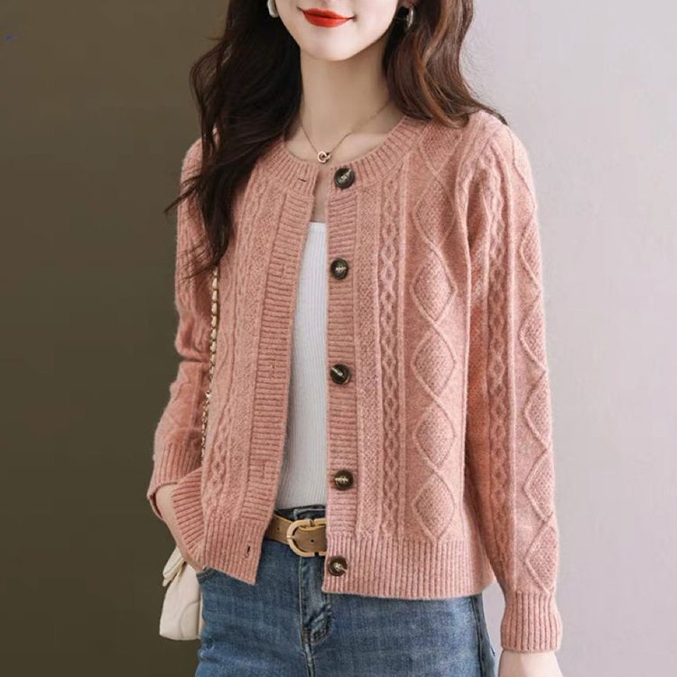 圓領羊毛菱格氣質針織衫外套