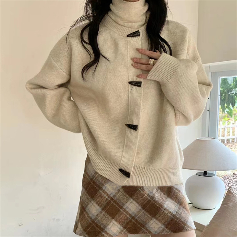 復古日系休閑高級感牛角扣毛衣開襟衫