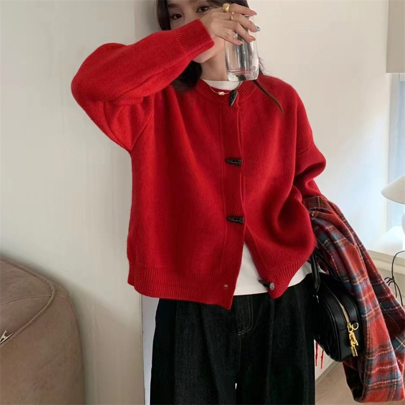 復古日系休閑高級感牛角扣毛衣開襟衫