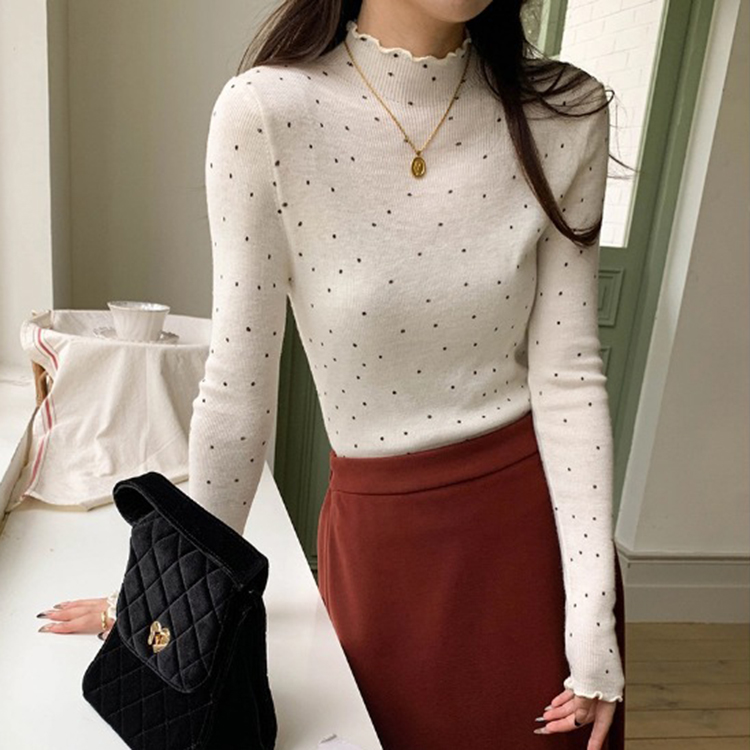 韓系氛圍感木耳邊半高領波點打底針織衫