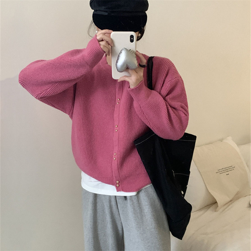 韓系小金扣針織開襟衫圓領軟糯長袖毛衣外套