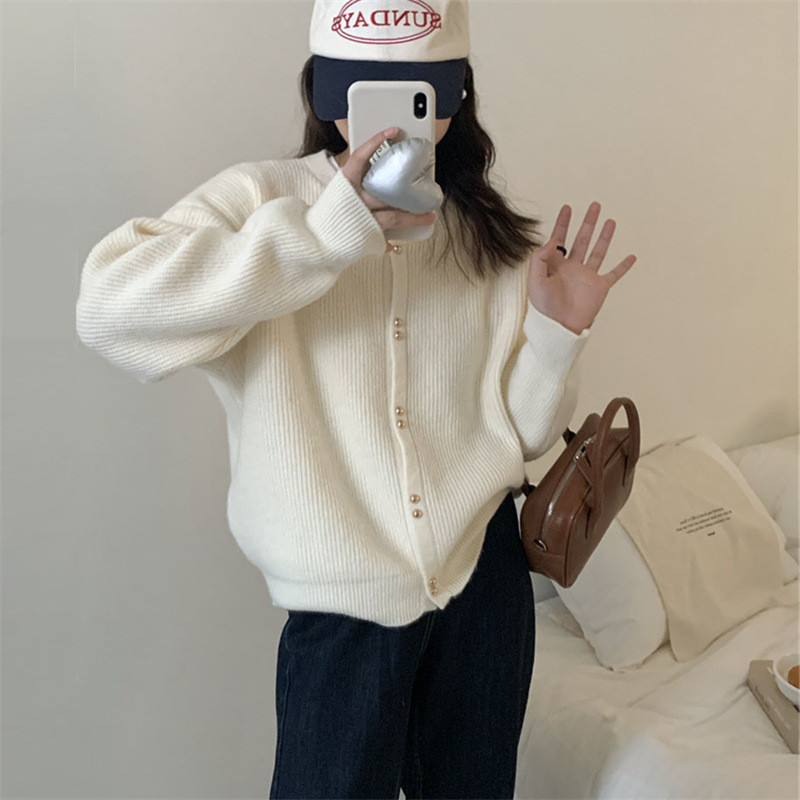 韓系小金扣針織開襟衫圓領軟糯長袖毛衣外套
