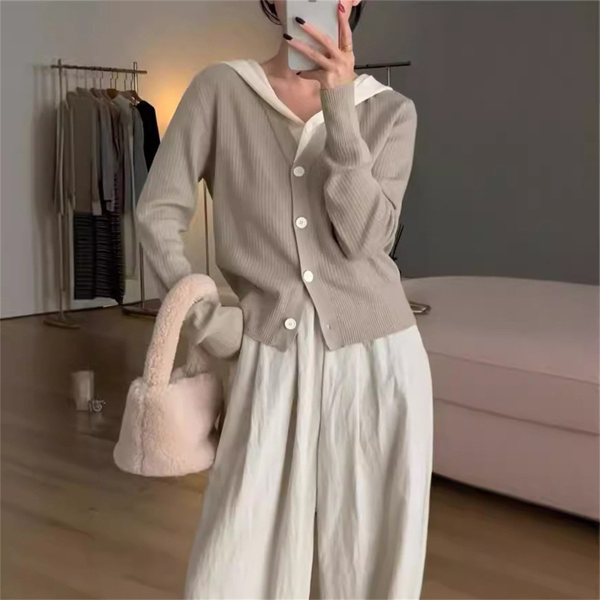 韓系甜美拼接假兩件連帽針織開襟衫