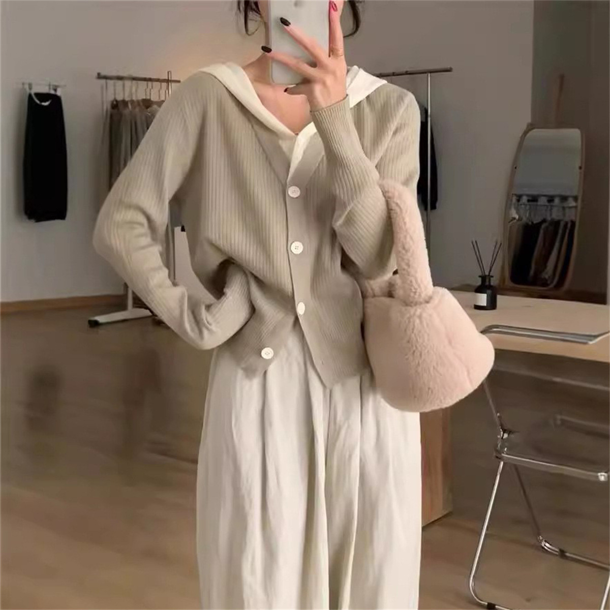 韓系甜美拼接假兩件連帽針織開襟衫