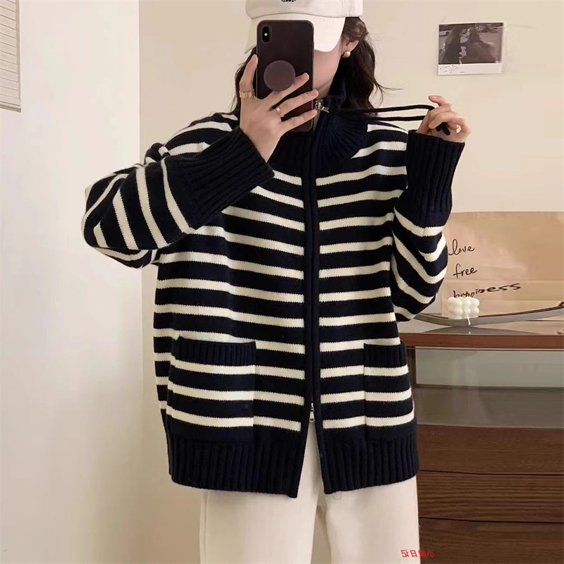 韓版寬鬆時尚翻領針織開襟衫拼色條紋減齡洋氣拉鍊毛衣外套