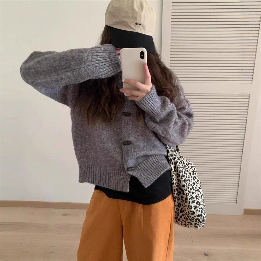 韓系百搭休閒圓領氣質針織開襟衫牛角扣毛衣