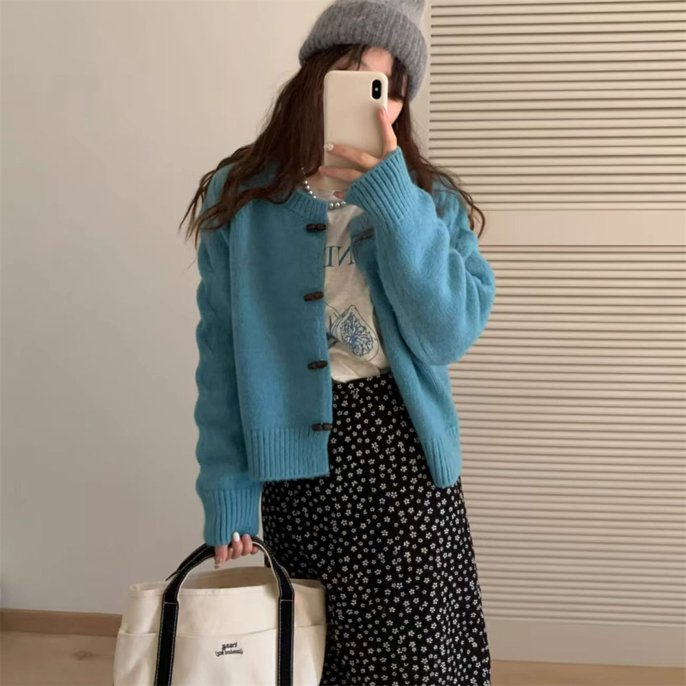 韓系百搭休閒圓領氣質針織開襟衫牛角扣毛衣