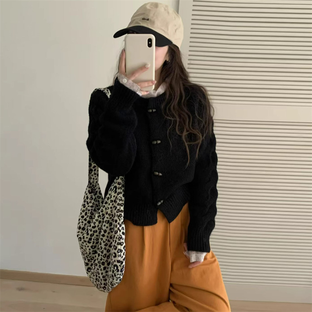 韓系百搭休閒圓領氣質針織開襟衫牛角扣毛衣