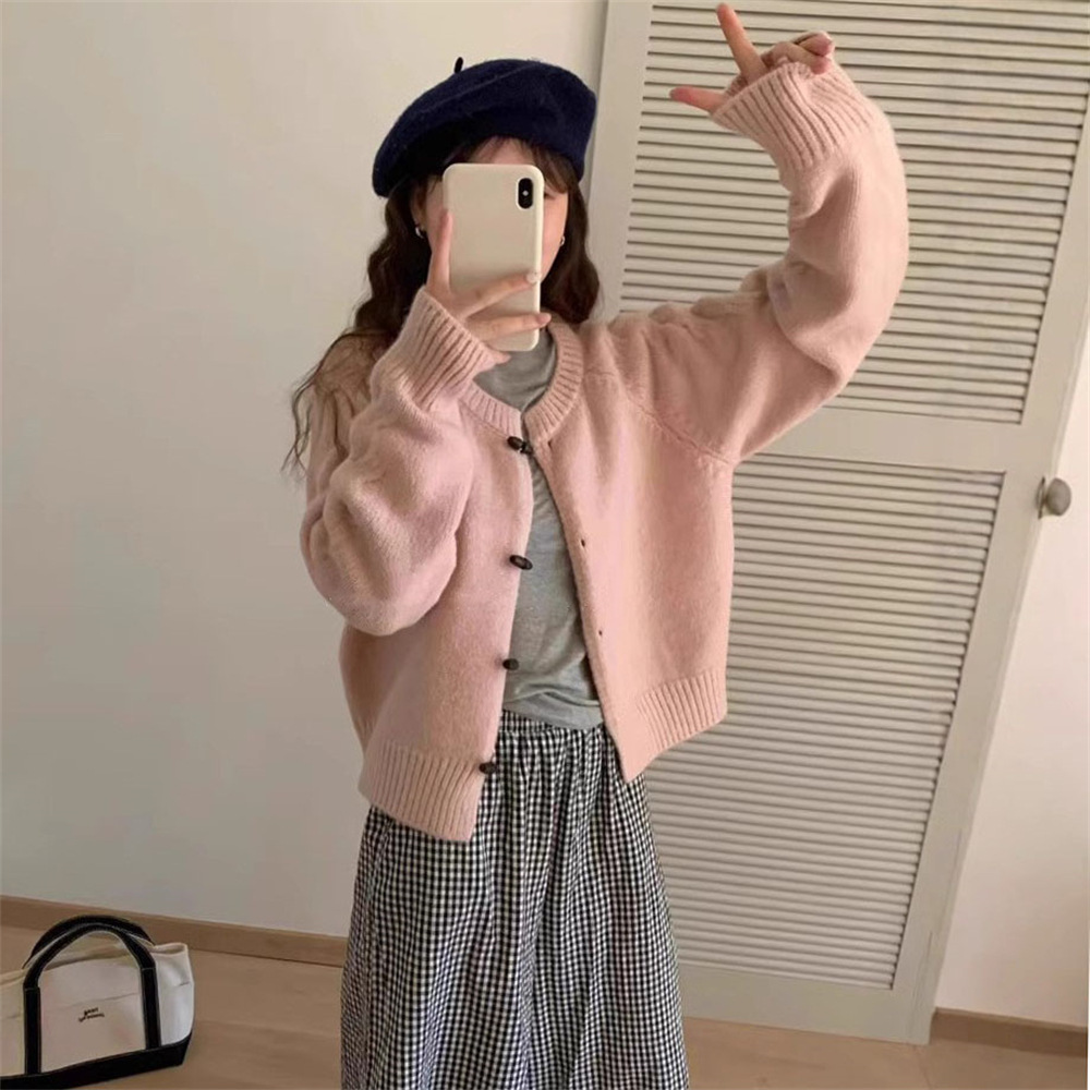 韓系百搭休閒圓領氣質針織開襟衫牛角扣毛衣