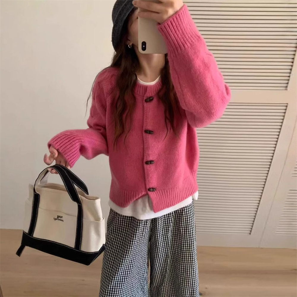 韓系百搭休閒圓領氣質針織開襟衫牛角扣毛衣