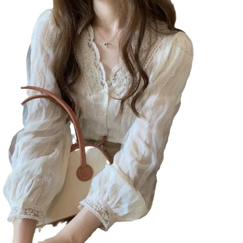 設計感小眾上衣溫柔超仙蕾絲泡泡袖襯衫