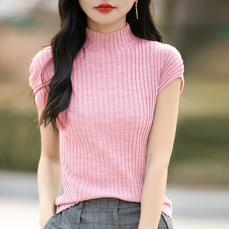 小眾氣質修身顯瘦半高領針織打底短袖