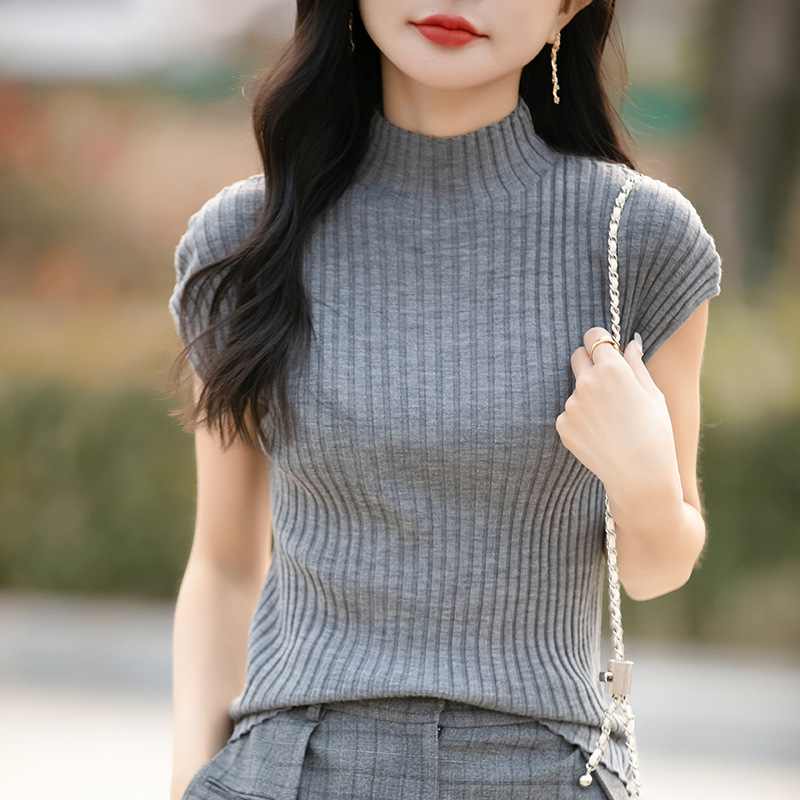 小眾氣質修身顯瘦半高領針織打底短袖
