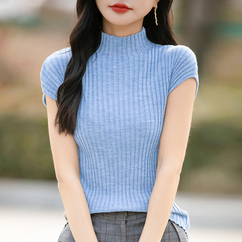 小眾氣質修身顯瘦半高領針織打底短袖