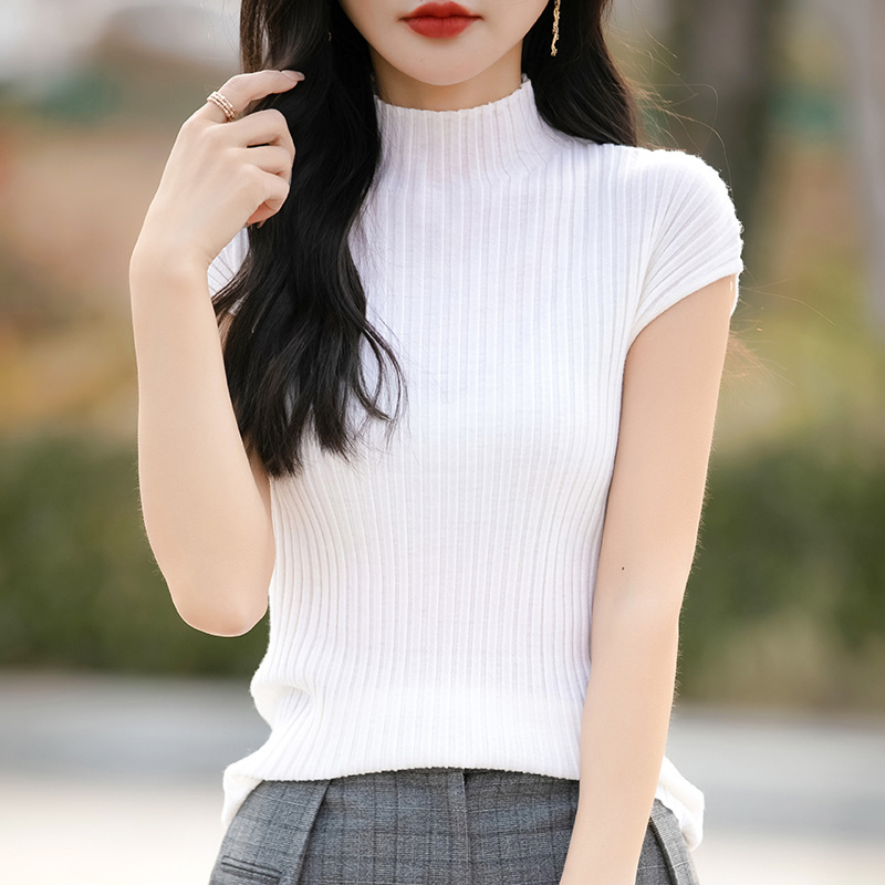 小眾氣質修身顯瘦半高領針織打底短袖