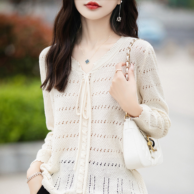 設計感鏤空針織寬鬆顯瘦薄款繫帶罩衫