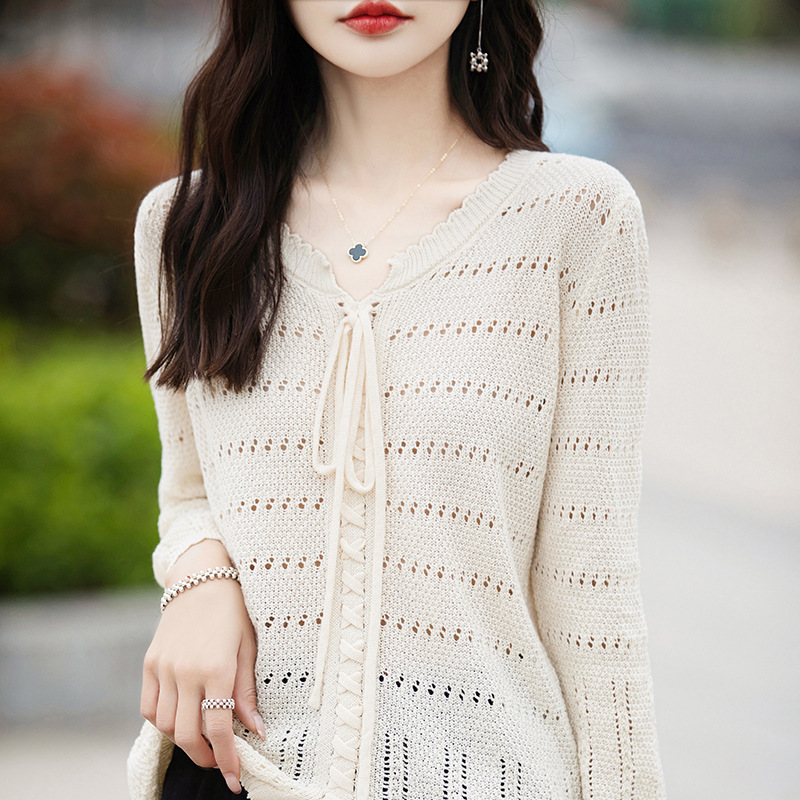 設計感鏤空針織寬鬆顯瘦薄款繫帶罩衫