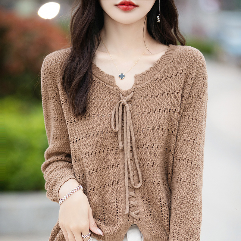 設計感鏤空針織寬鬆顯瘦薄款繫帶罩衫