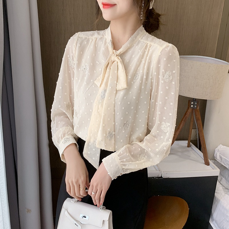 設計感小眾蝴蝶結雪紡襯衫女氣質洋氣百搭長袖上衣