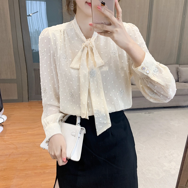 設計感小眾蝴蝶結雪紡襯衫女氣質洋氣百搭長袖上衣