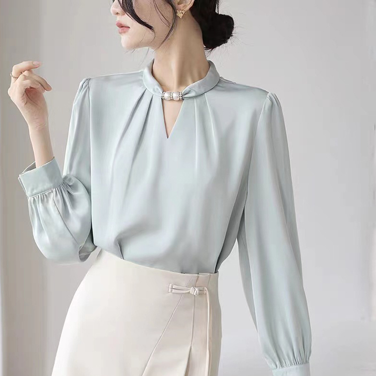 法式小眾掛脖立領串珠緞面氣質通勤襯衫