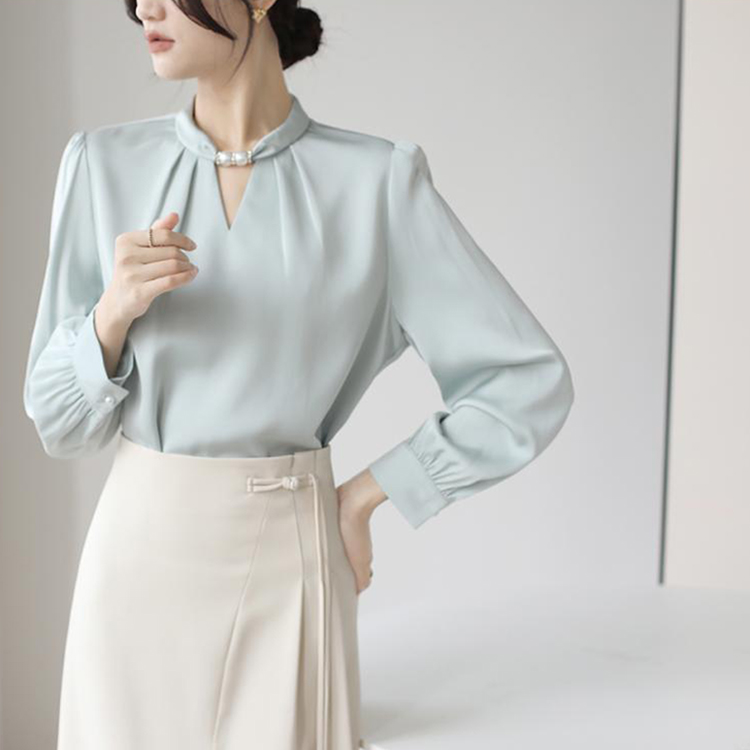 法式小眾掛脖立領串珠緞面氣質通勤襯衫