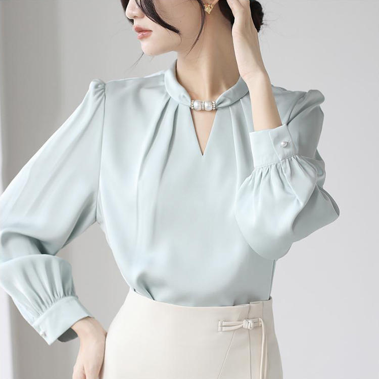 法式小眾掛脖立領串珠緞面氣質通勤襯衫