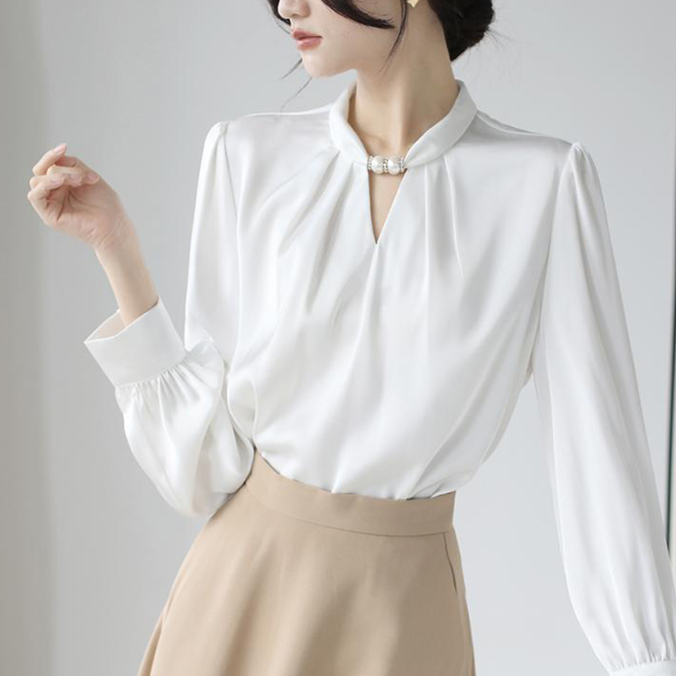 法式小眾掛脖立領串珠緞面氣質通勤襯衫
