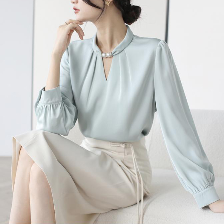 法式小眾掛脖立領串珠緞面氣質通勤襯衫