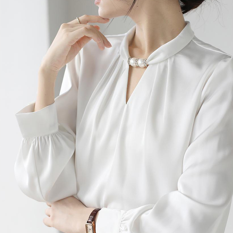 法式小眾掛脖立領串珠緞面氣質通勤襯衫