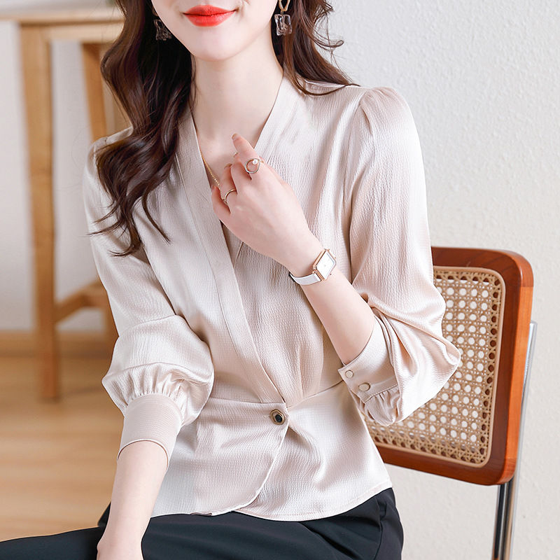 時尚氣質銜接式V領襯衫長袖通勤不規則別緻上衣