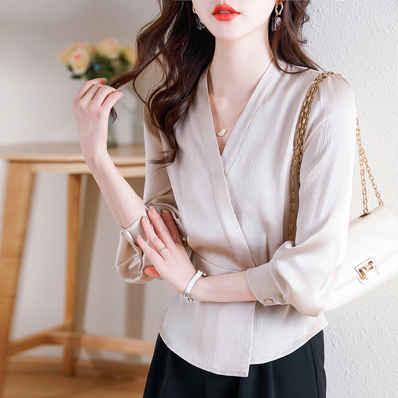 時尚氣質銜接式V領襯衫長袖通勤不規則別緻上衣