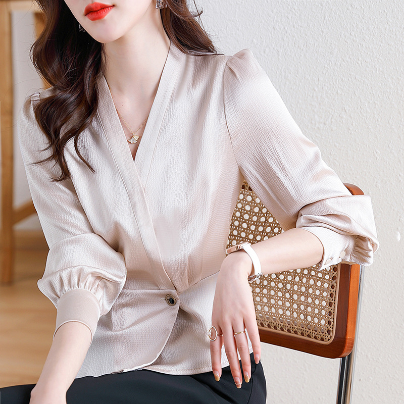 時尚氣質銜接式V領襯衫長袖通勤不規則別緻上衣