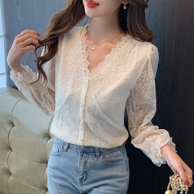 韓系通勤氣質風時尚長袖V領蕾絲襯衫