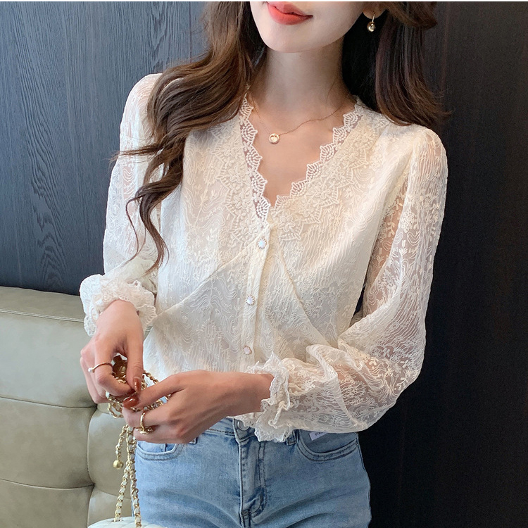 韓系通勤氣質風時尚長袖V領蕾絲襯衫